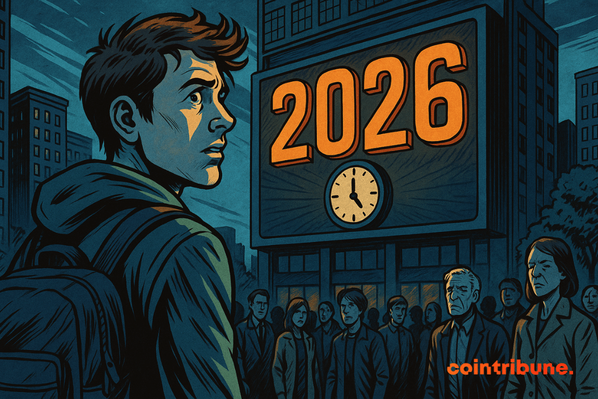 Individus apeurés sur fond de paysage européen mettant en avant une horloge et la date 2026