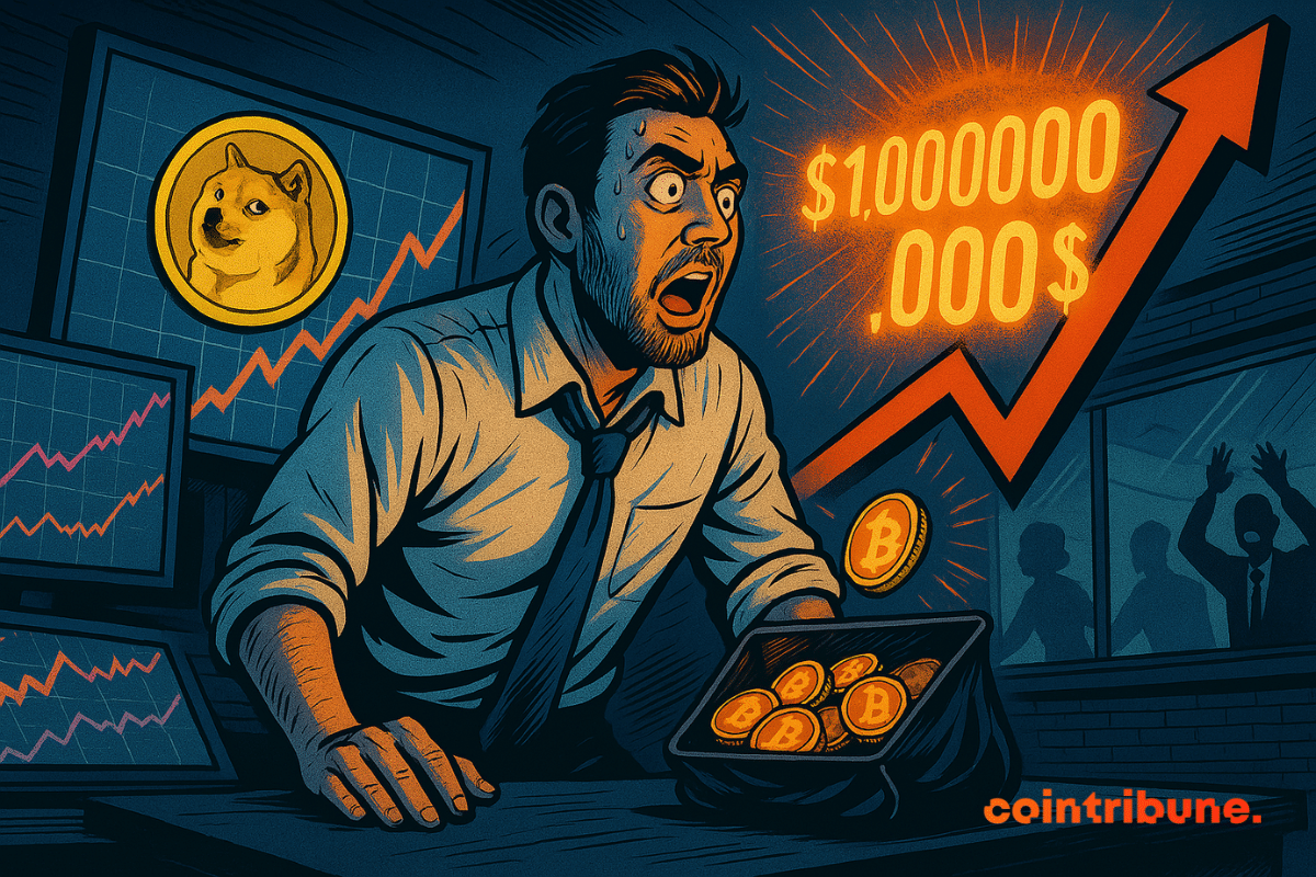 Trader surpris, entouré d'un logo de Dogecoin, d'une flèche ascendante rouge et le chiffre 1 milliard de dollars