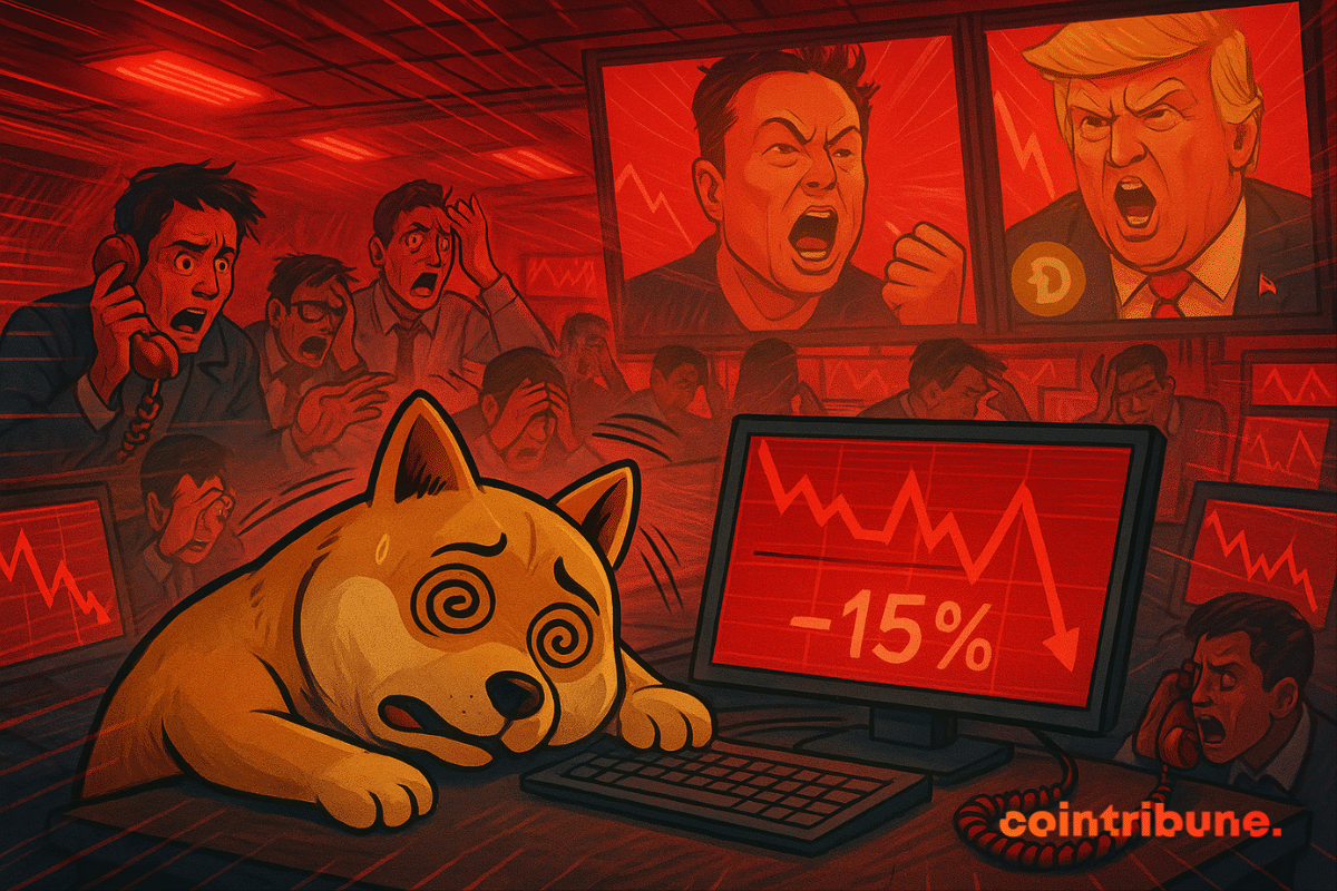 Dogecoin mascot collapses as crypto traders panic and screens show Musk and Trump arguing.