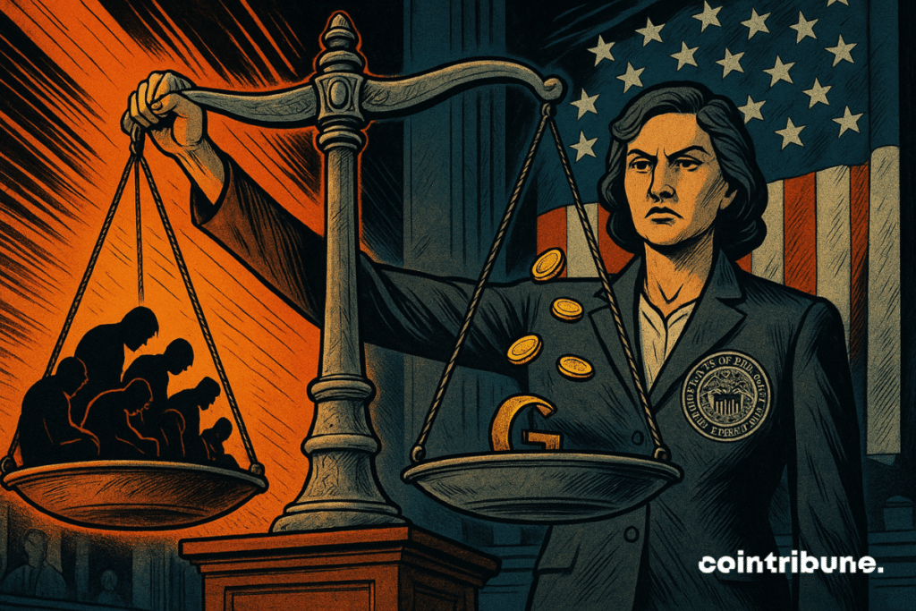 Femme représentant la FED des USA tenant une balance : d'un côté des ombres d'ouvriers fatigués et de l'autre des pièces d'or