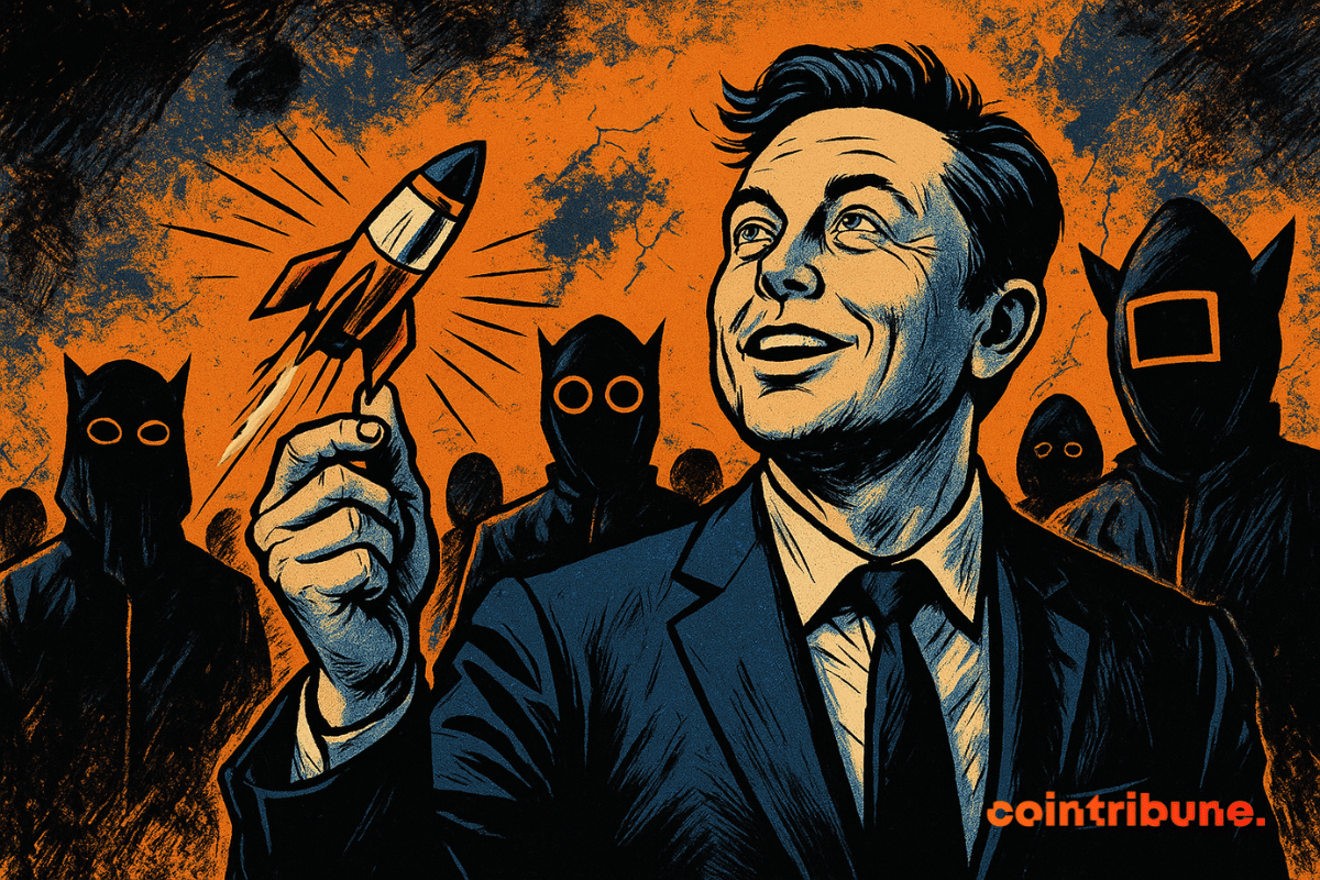 Elon Musk souriant, tenant une fusée miniature, entouré de figures masquées, sur un fond dynamique orange et noir.