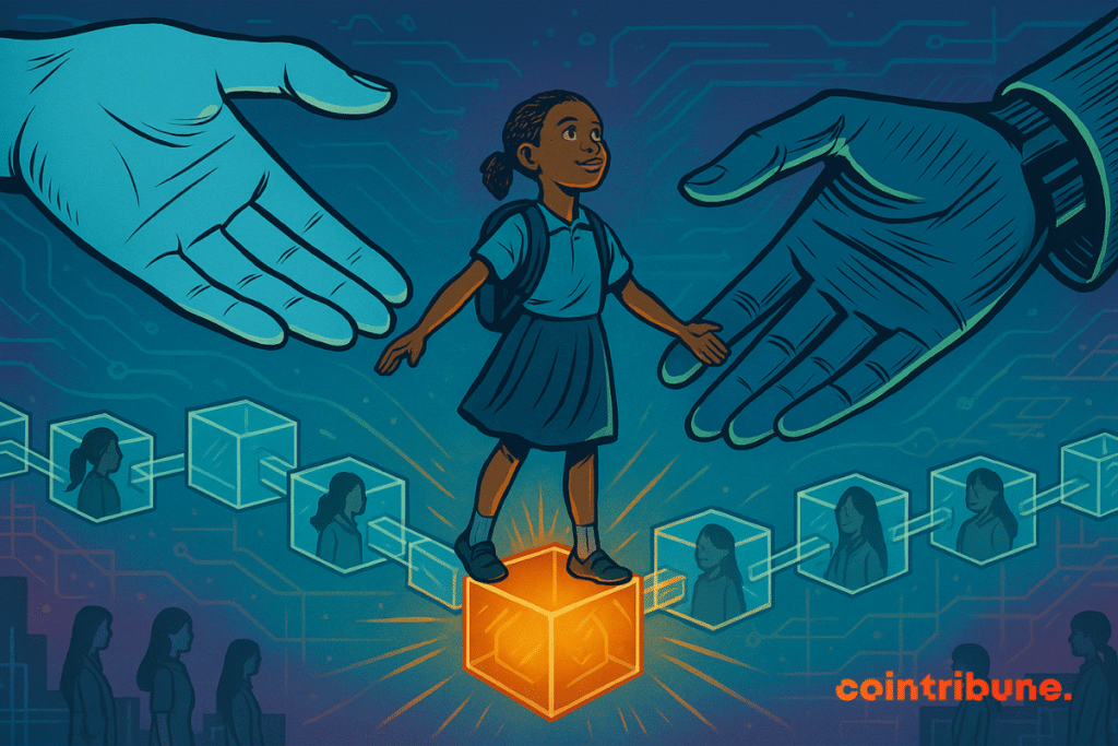 Two outstretched hands, representing Bitget and UNICEF, in the middle of which is a young city on a cube