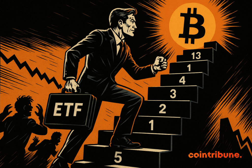 A determined investor climbs a staircase towards a glowing Bitcoin.