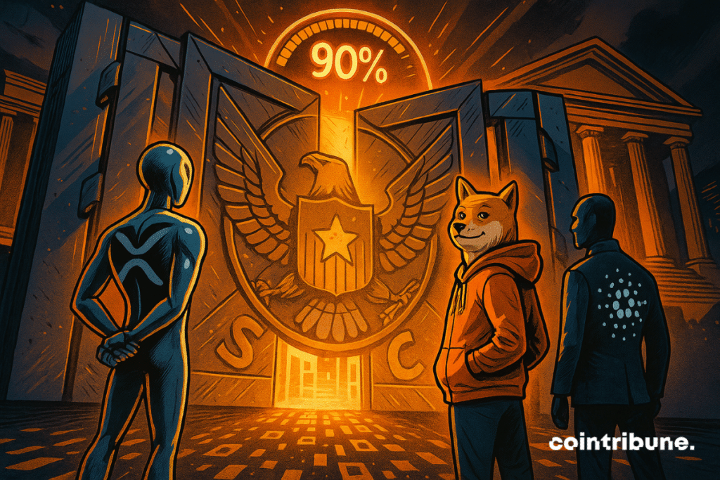 A gate opening for the three cryptos, symbolizing the upcoming approval of crypto ETFs.