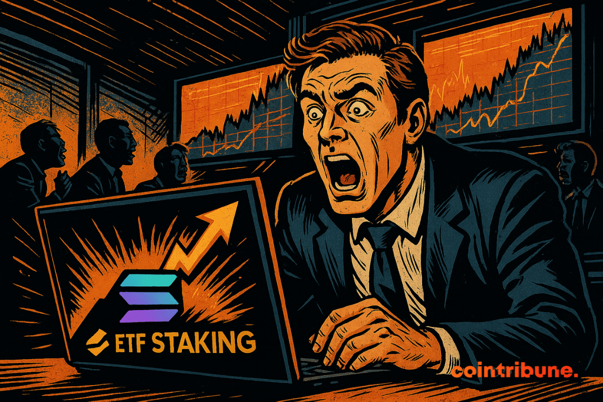 Un trader choqué regarde un graphique de Solana avec "ETF STAKING" et une flèche montante, entouré de collègues.