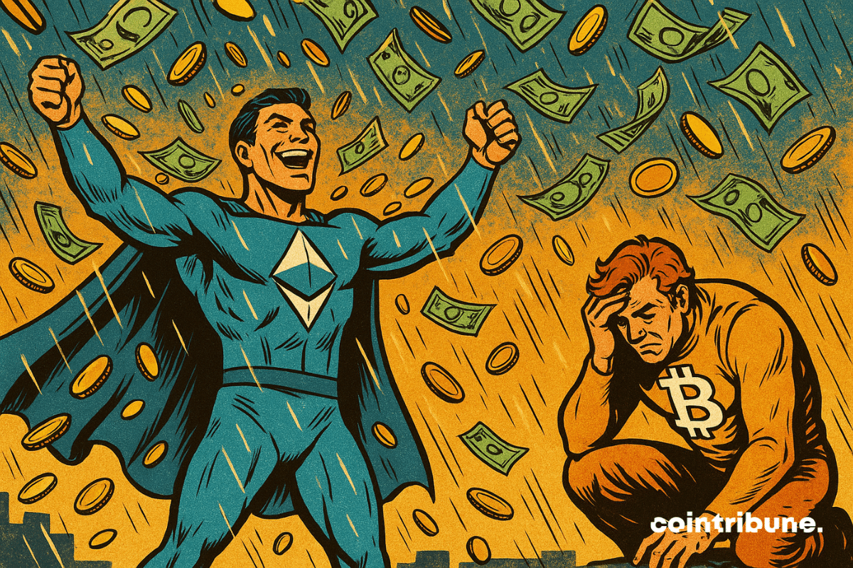 Illustration d'Ethereum, triomphant sous une pluie de billets et un Bitcoin, accroupi