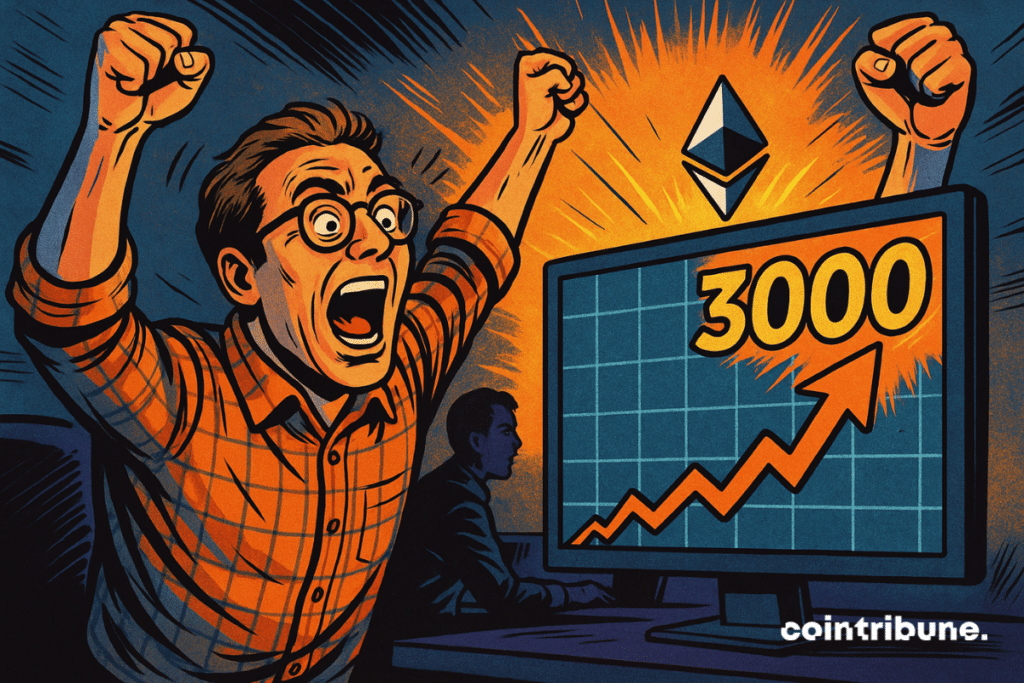 Ethereum trader shouting victory in front of a screen displaying a price of ,000