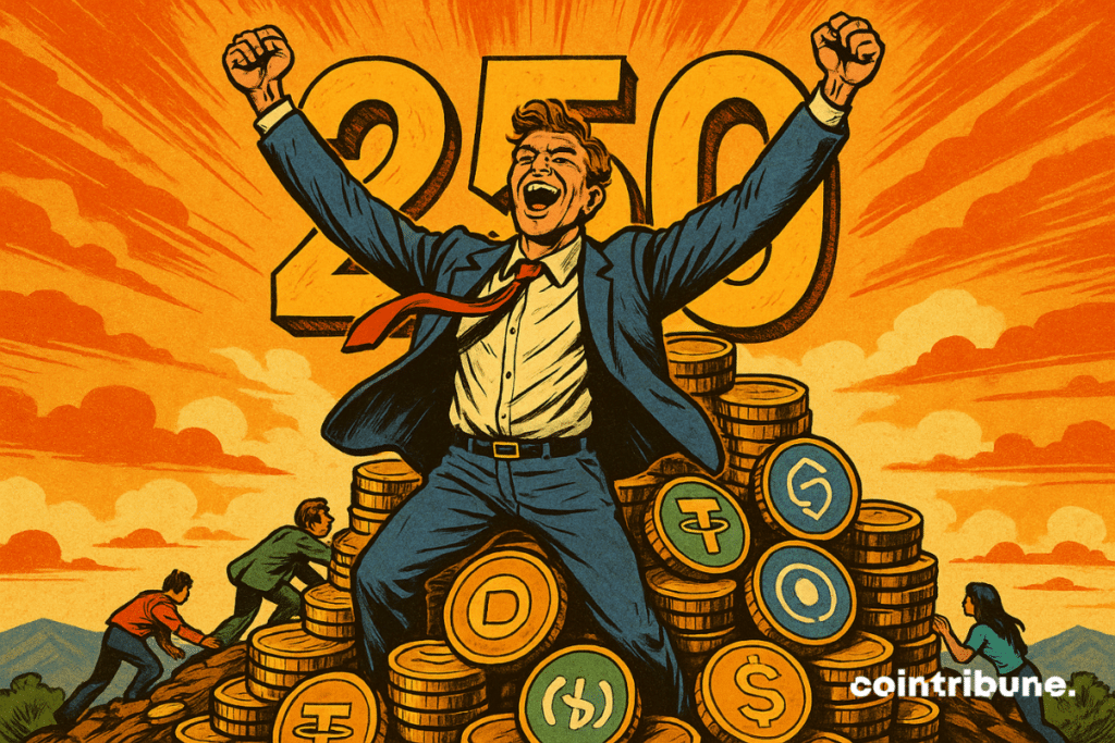 Individu manifestant de la joie sur une pile de pièces de stablecoins avec derrière lui un chiffre 250