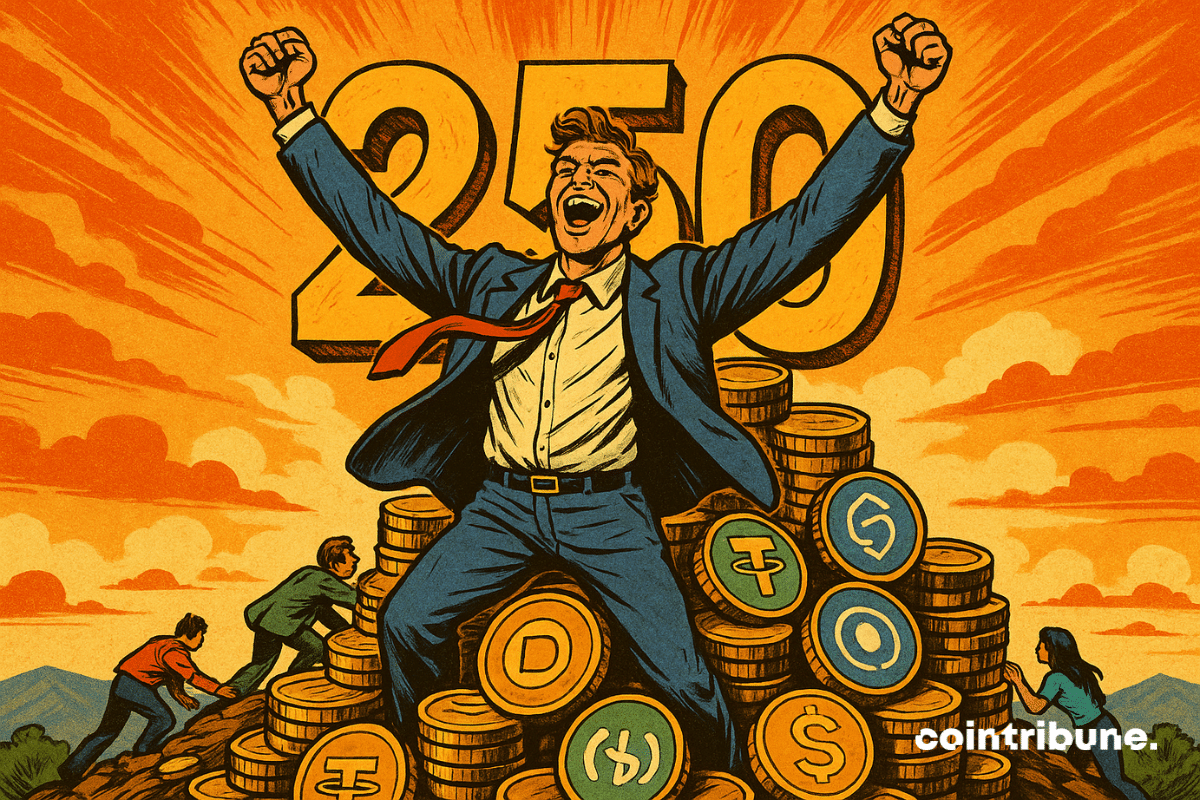 Individu manifestant de la joie sur une pile de pièces de stablecoins avec derrière lui un chiffre 250