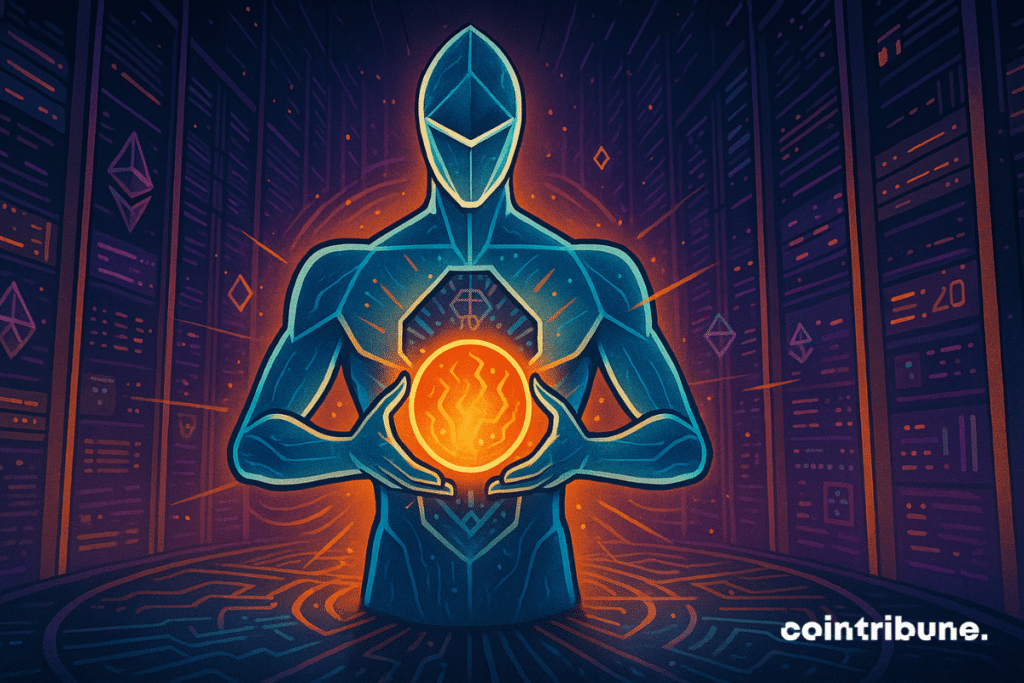 Ethereum holds in its hands a stylized, pulsating, radiant, intense orange energy sphere: