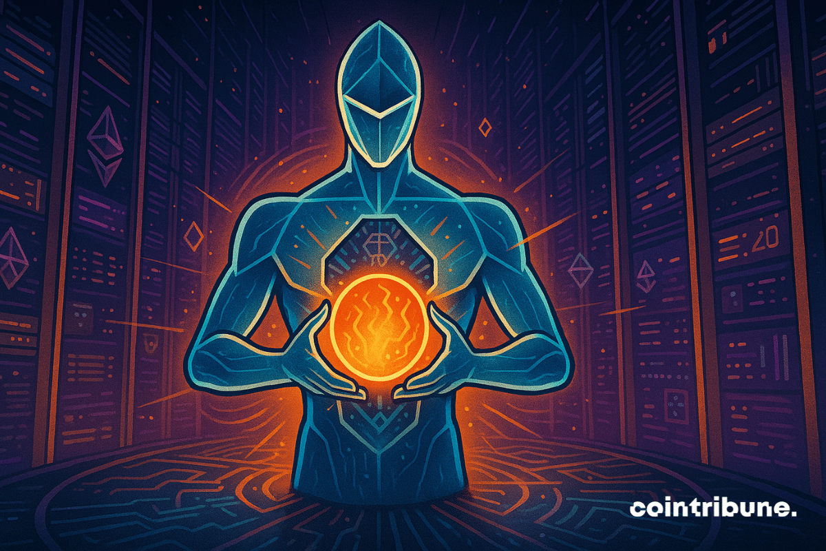 Ethereum tient dans ses mains une sphère énergétique stylisée, pulsante, irradiante, de couleur orange intense : « Fusaka », personnifiée comme une source de puissance nouvelle pour la blockchain et sa crypto. Son torse est ouvert mécaniquement (comme une porte à volets hexagonaux), révélant un cœur en forme de puce cristalline, aux circuits lumineux.