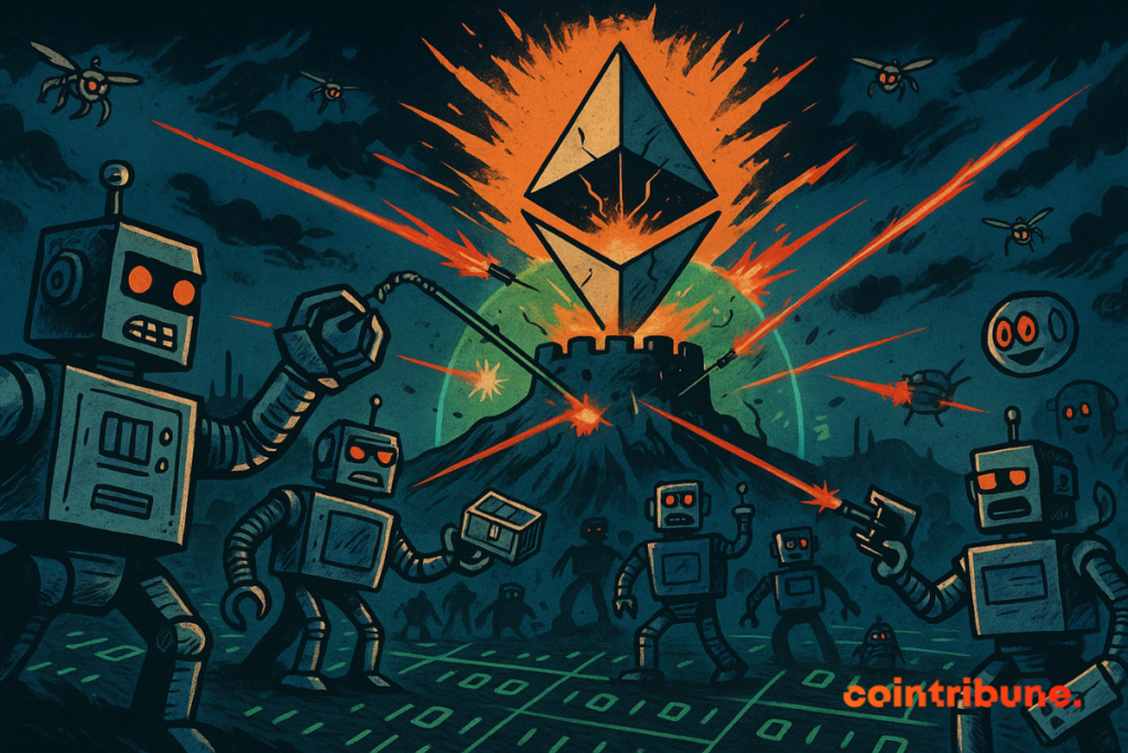 Powerful Ethereum, glowing orange, emanates from the sky. An energy barrier forms as the attacks crack.