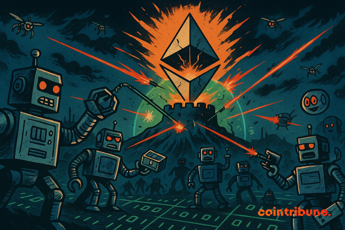 Powerful Ethereum, glowing orange, emanates from the sky. An energy barrier forms as the attacks crack.