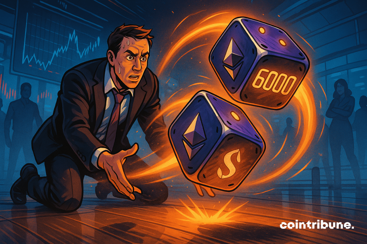 A crypto trader leans forward and rolls the dice, symbolizing bets on Ethereum.