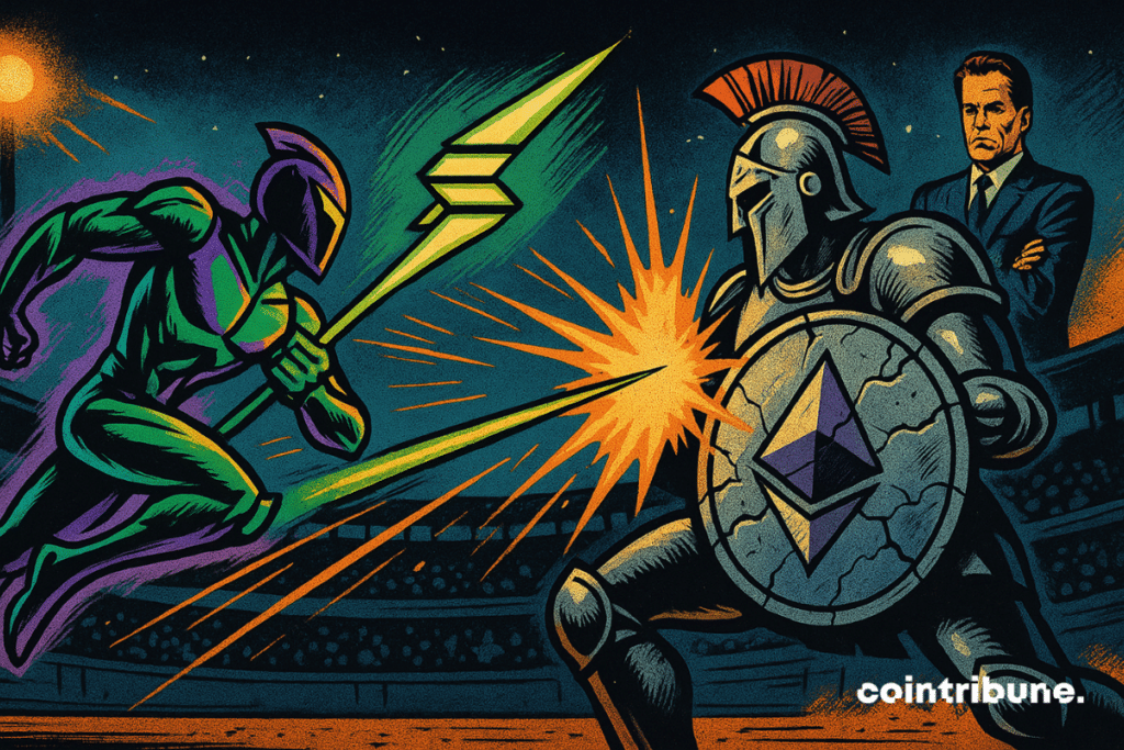 Illustration of an intense duel between cyberpunk-style Solana and Ethereum