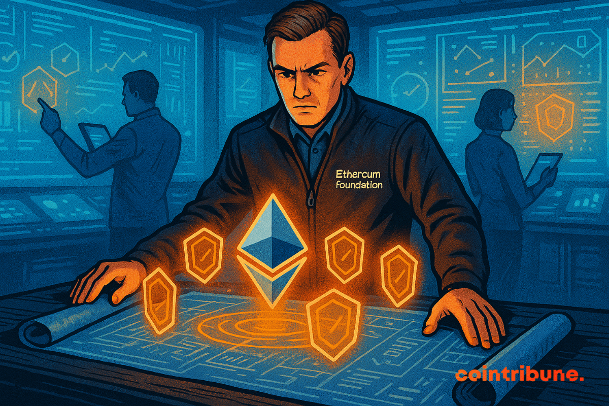 Estrategista de Ethereum revisando planos de segurança holográfica em uma sala de controle de alta tecnologia.