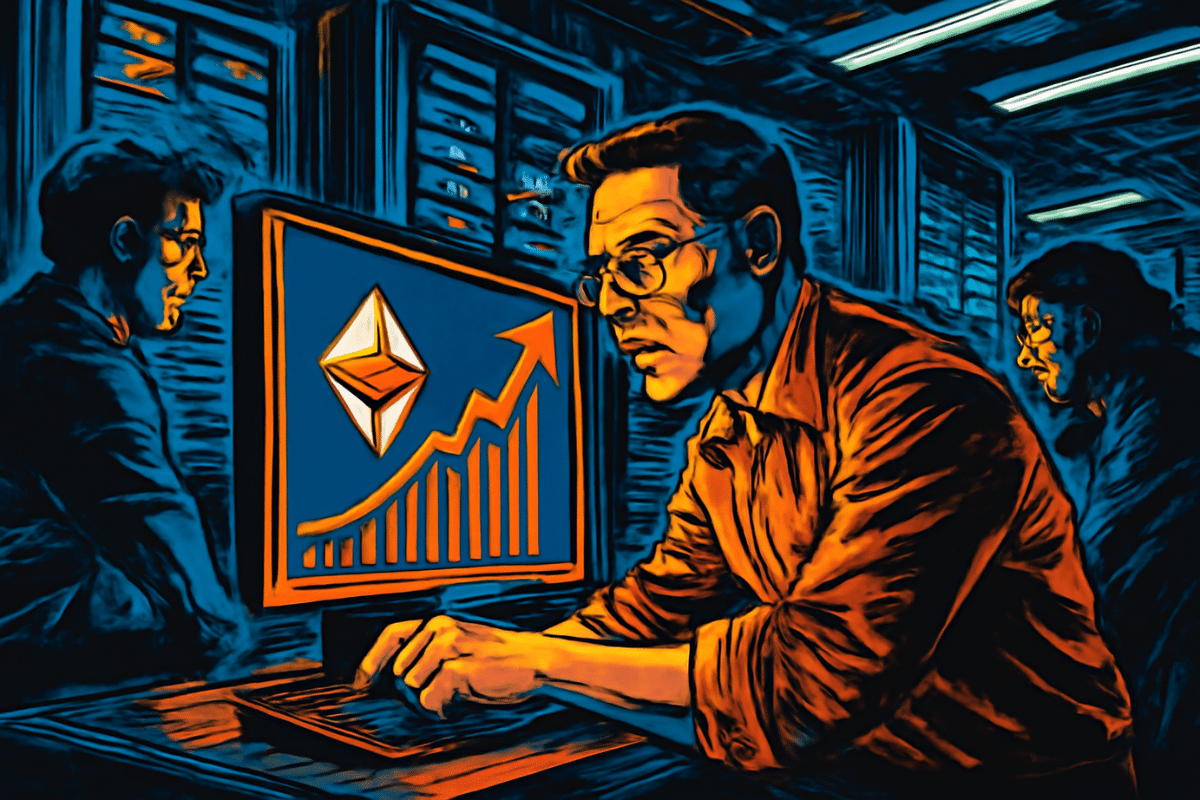 Un homme regarde un écran d'ordinateur avec dessus une courbe montante et le logo d'Ethereum