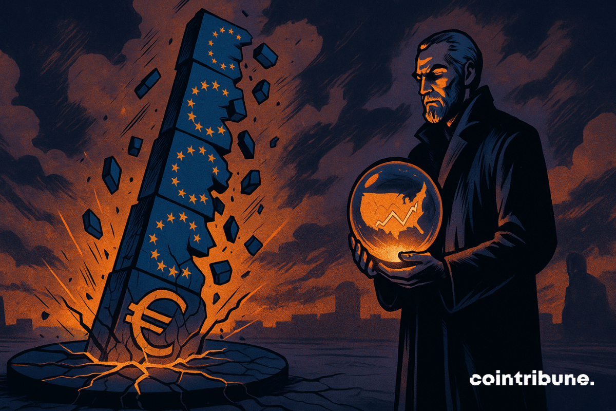 La tour européenne est en pleine phase d’effondrement, penchée à droite, avec des morceaux qui se détachent dans les airs. En bas à droite, une silhouette masculine incarne Franklin Templeton, qui observe le déclin de l’Europe en matière d’innovation crypto.
