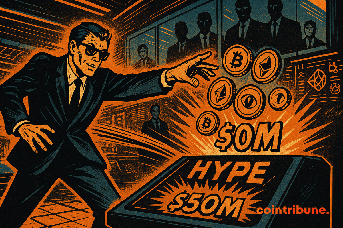 El personaje de Eyenovia lanza tokens criptográficos a una consola HYPE brillante.