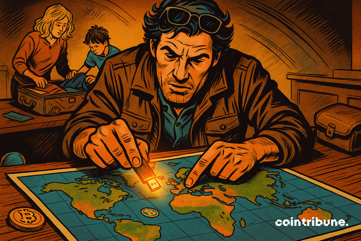 Père de famille repérant des cachettes pour ses bitcoins sur une carte du monde