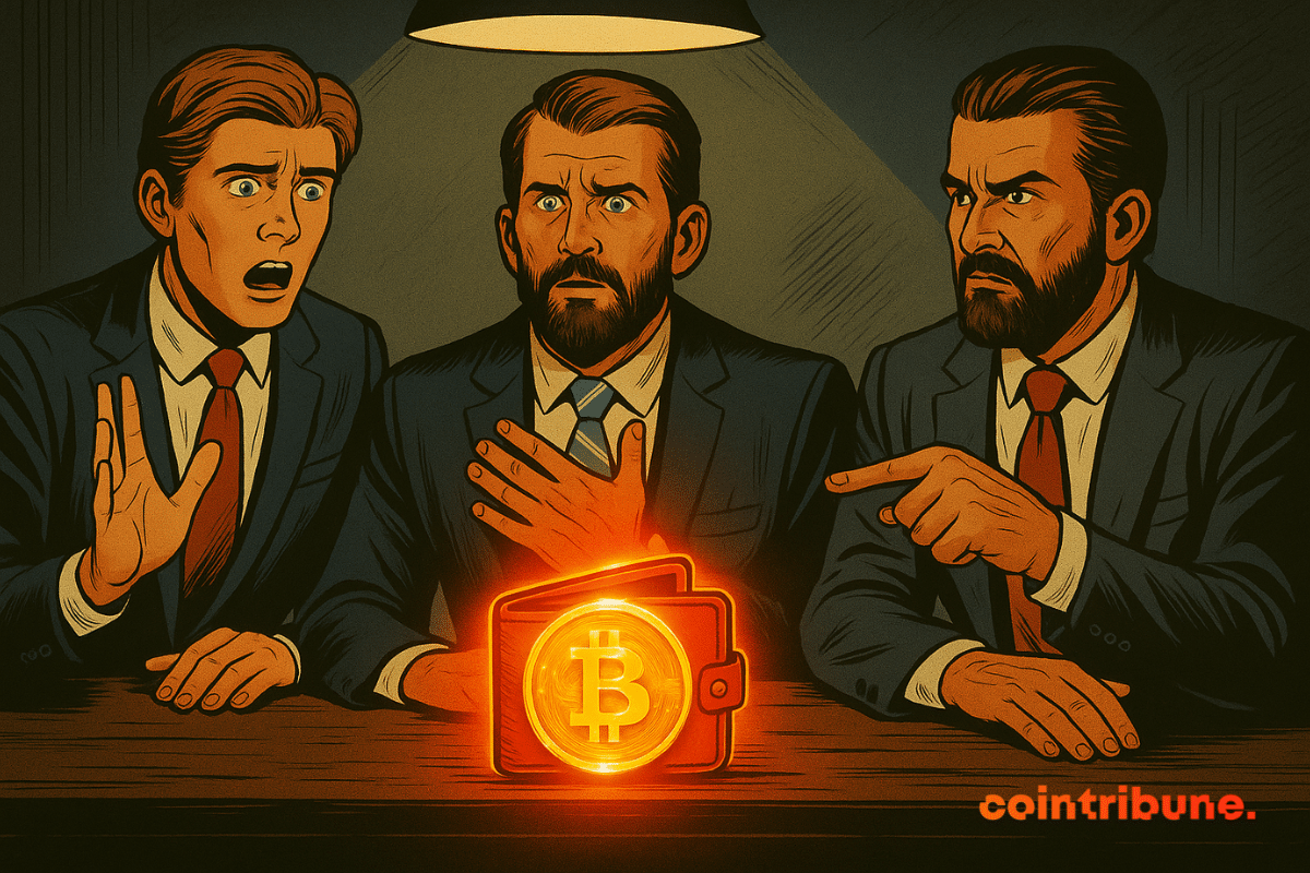 Fils de Donald Trump s'interrogeant sur un portefeuille au logo de bitcoin