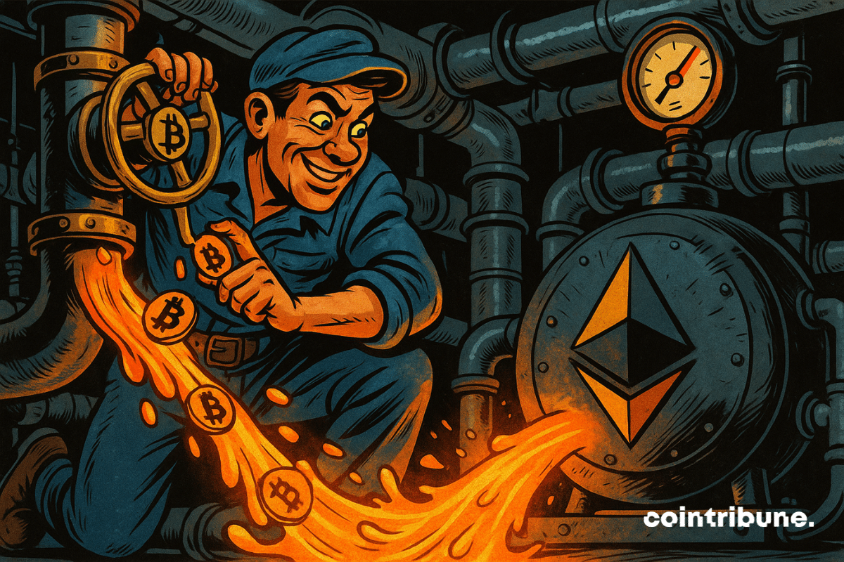 Plombier ouvrant une vanne laissant sortir de fonds, ici représentés par des bitcoins fondus, vers un réservoir Ethereum