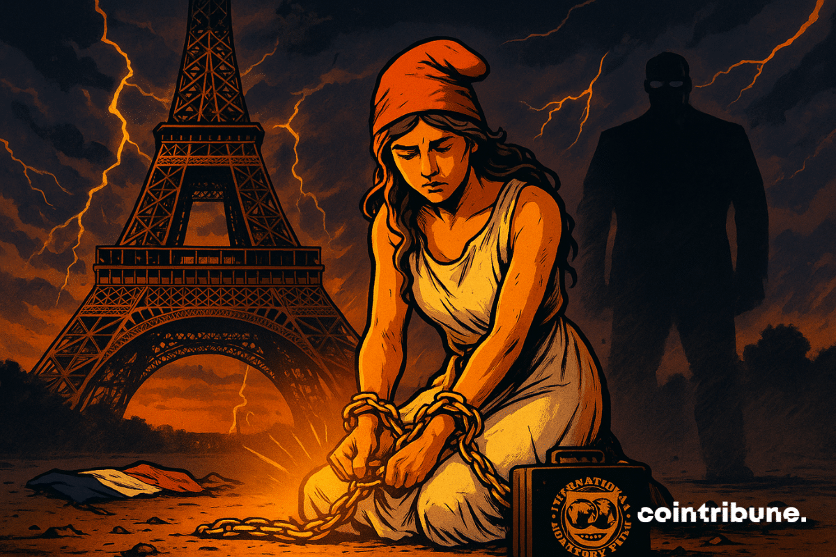 Une figure féminine emblématique de la France, à genoux, légèrement inclinée vers l’avant. Ses poignets enchaînés par des chaînes dorées lourdes, reliées à une mallette noire posée au sol devant elle, estampillée du logo du FMI, ce qui symbolise une mise sous tutelle à cause d’une dette publique colossale.
