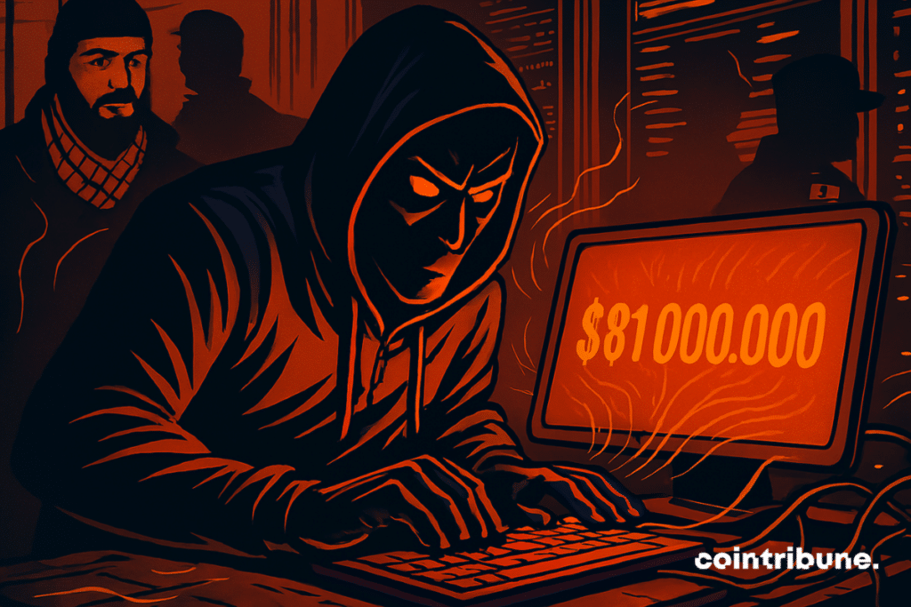 Hacker dont l'écran affiche 81 millions de dollars et derrière lui se trouvent des personnages représentant Israël et Iran
