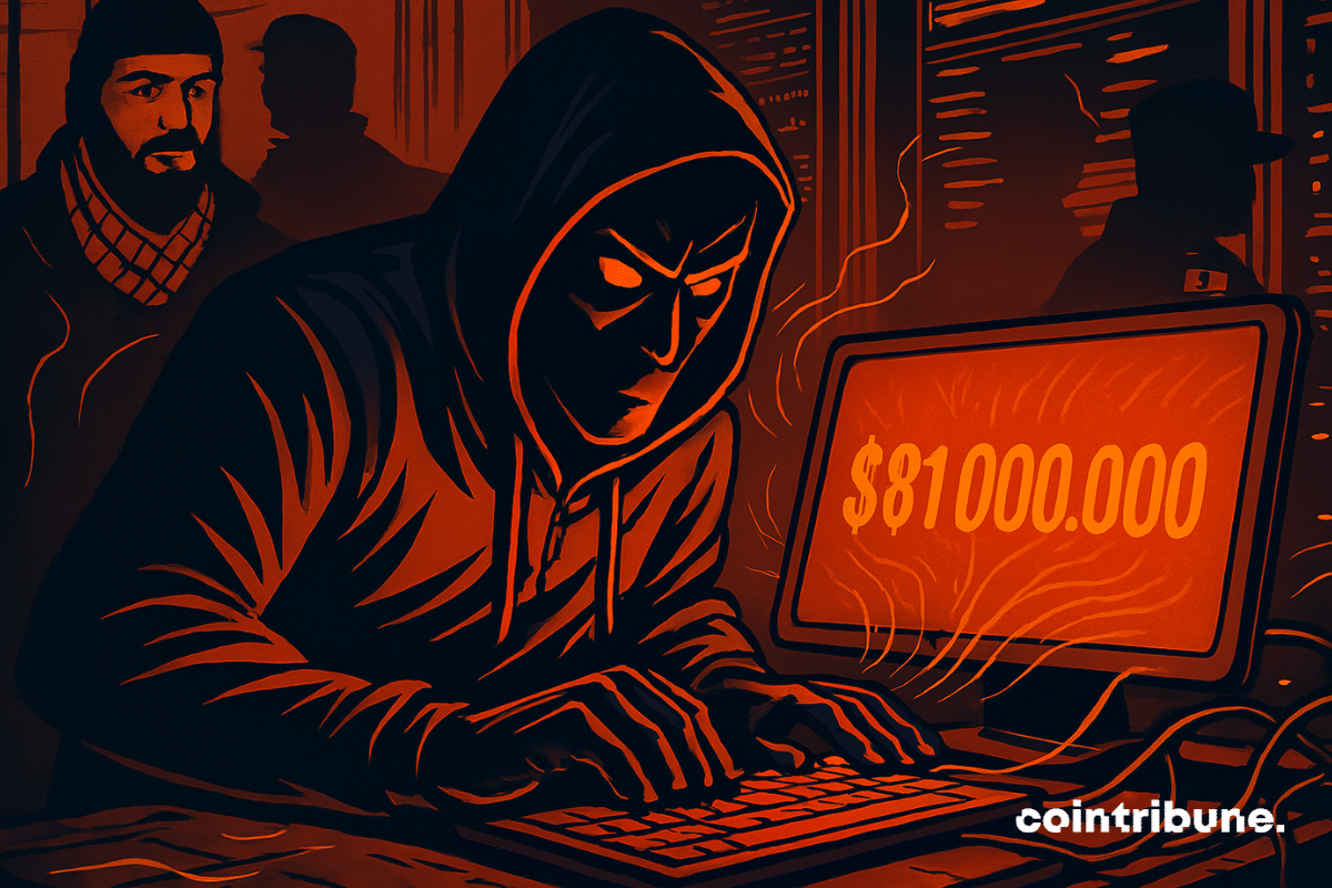 Hacker dont l'écran affiche 81 millions de dollars et derrière lui se trouvent des personnages représentant Israël et Iran