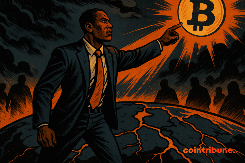 Arthur Hayes montre du doigt un symbole Bitcoin lumineux au-dessus d'une Terre fracturée.