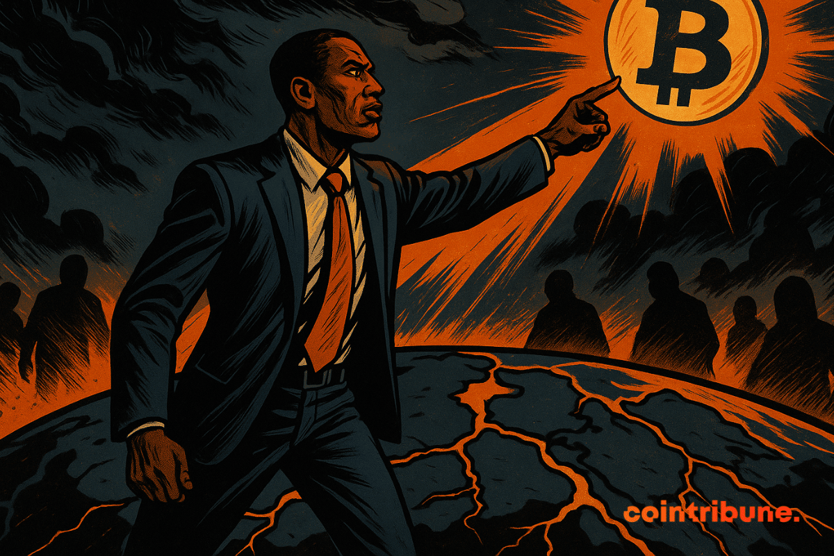 Arthur Hayes señala un símbolo de Bitcoin brillante sobre una Tierra fracturada.