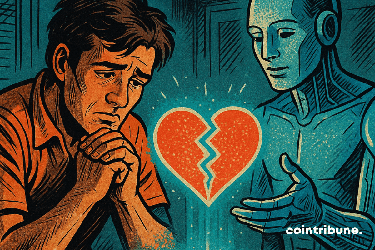 A sad-looking young man sits opposite a benevolent humanoid robot (AI).