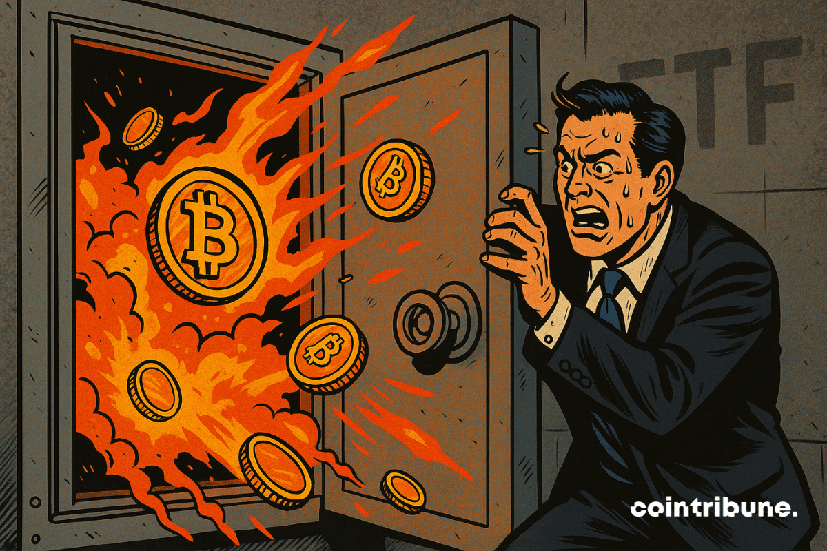 An open safe with Bitcoins escaping like burning coins.