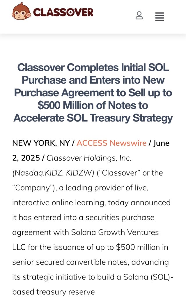 Classover a conclu un accord avec Solana Growth Ventures pour une émission de billets convertibles atteignant 500 millions de dollars. Avec pour but la création d’une réserve crypto SOL.
