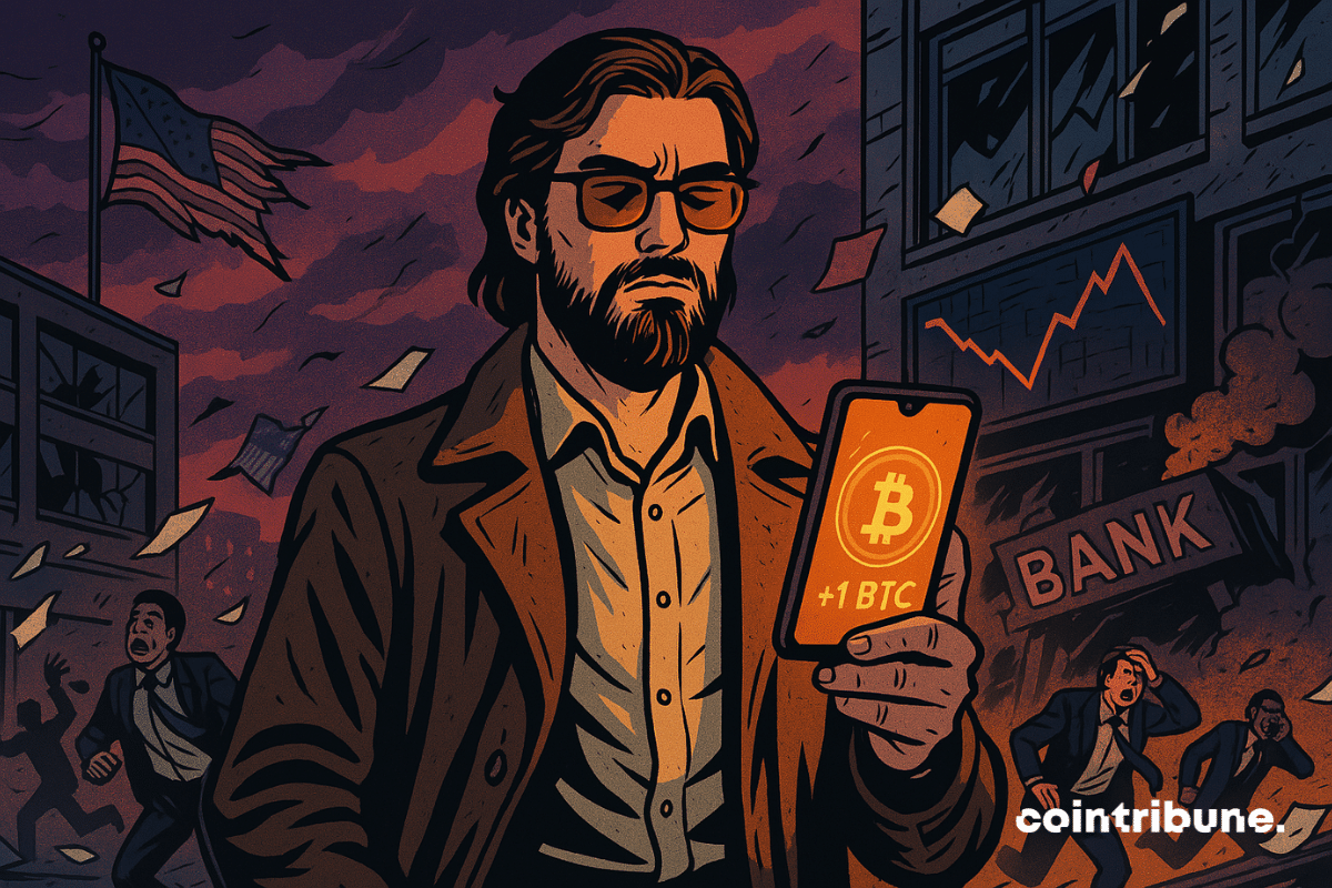 Inversor de Bitcoin en una calle caótica, cuyo teléfono muestra +1 BTC