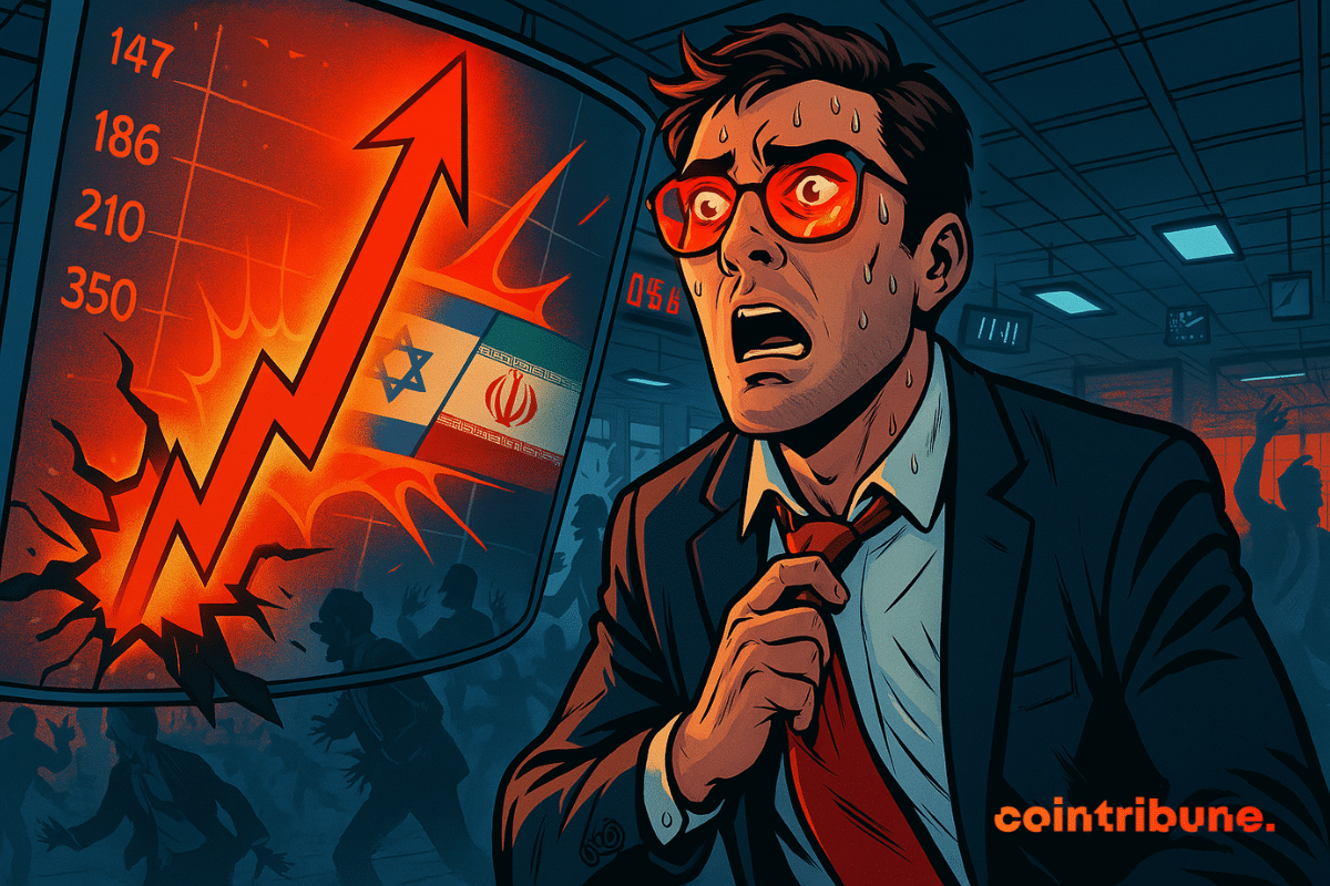 Financial analyst shocked by stock market figures, with a screen displaying in the background