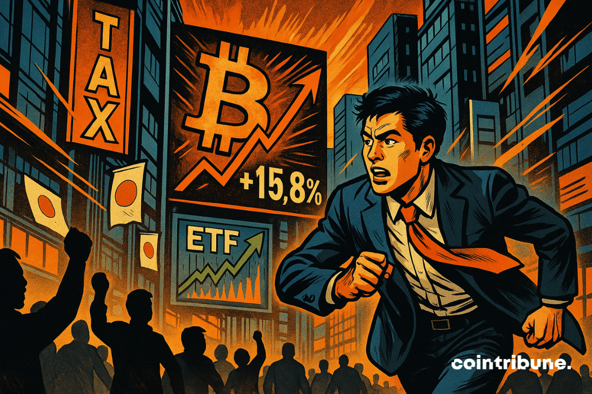Un inversor japonés corre por Tokio, entusiasmado por el auge de las criptomonedas, rodeado de carteles luminosos y multitudes.