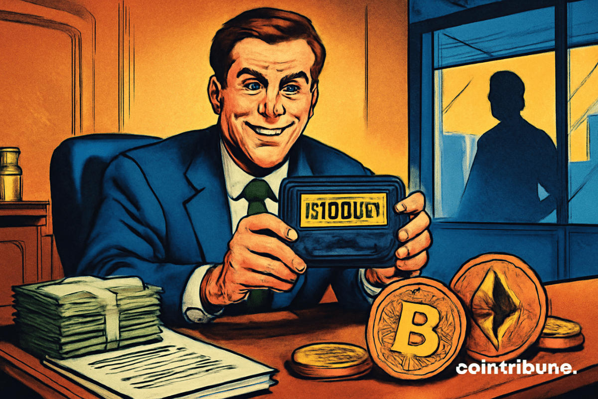 An elegant banker from JPMorgan in a dark gray suit, smiling with a confident expression, holding a crypto wallet in his hands. The wallet clearly displays a large sum of money in crypto.