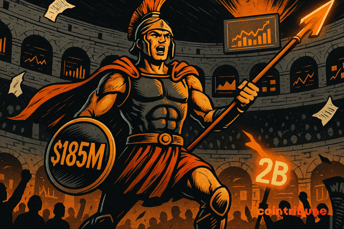Kalshi gladiator holding a "5M" shield and "B" spear in a digital arena.