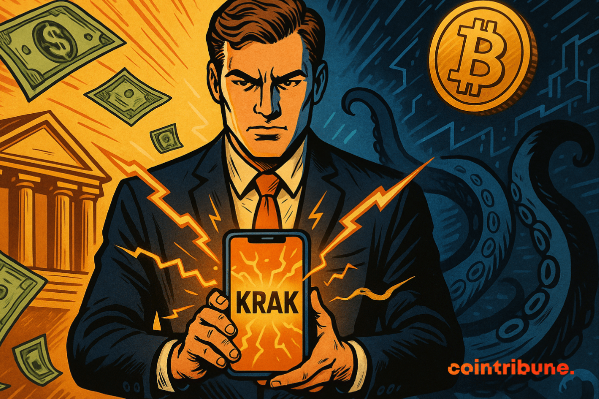 A Kraken user holding a smartphone with