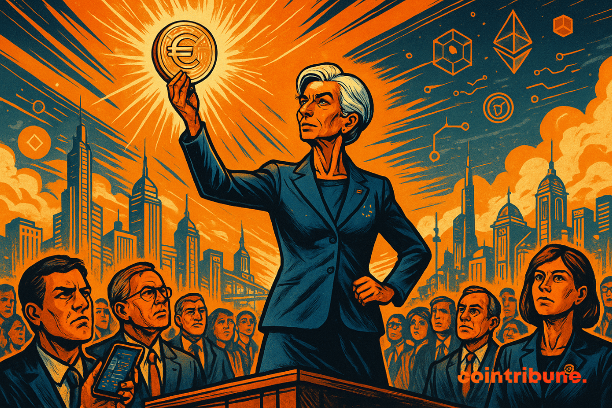 Christine Lagarde holding a glowing digital euro above a futuristic European cityscape.