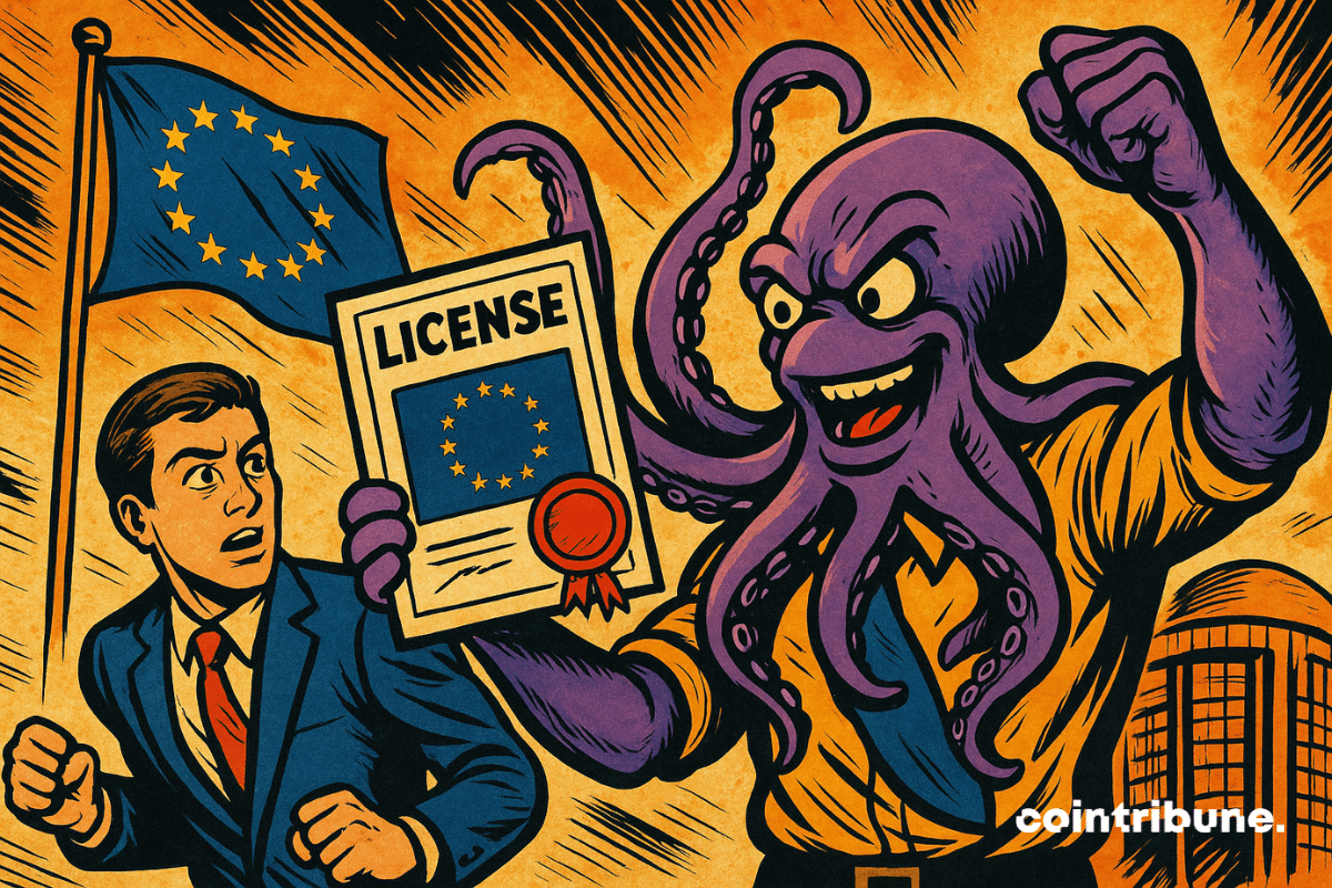 L’image montre un kraken violet au look humanoïde, brandissant triomphalement une licence crypto.