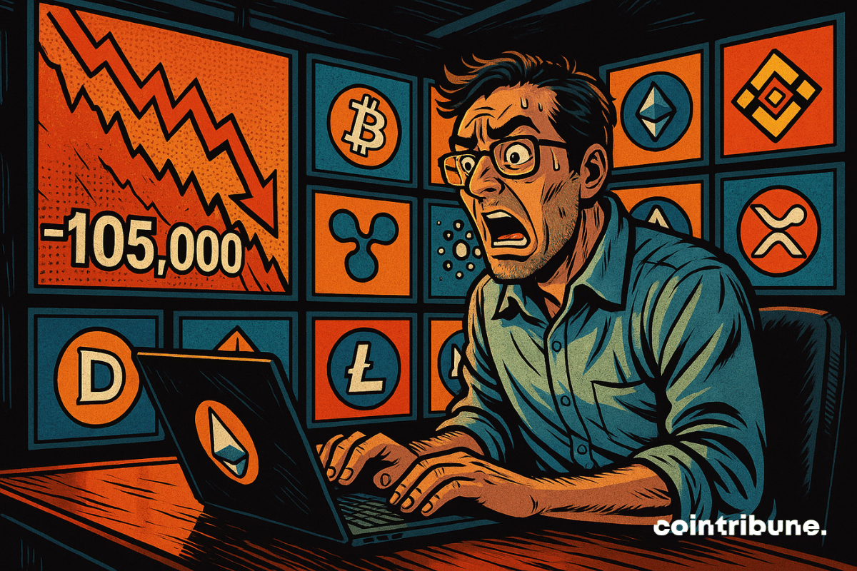 Trader en état de panique en visionnant l'écran de son ordinateur, avec pour fond des tableaux aux logos de cryptos