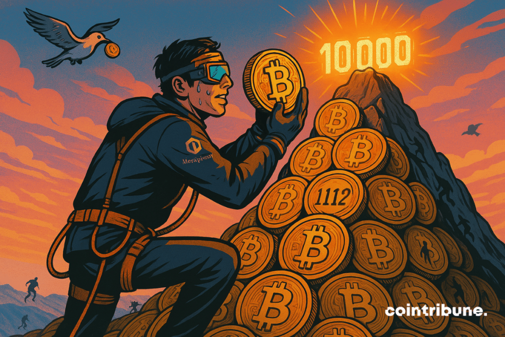 Geeky mountaineer dropping a bitcoin coin on top of a mountain
