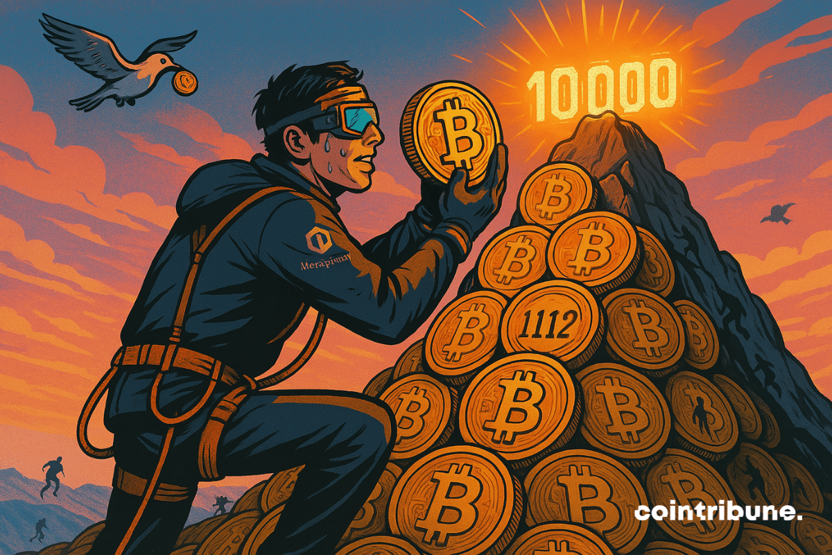 Alpiniste geek déposant une pièce de bitcoin sur une montagne dont le sommet est surplombé par le chiffre 10 000