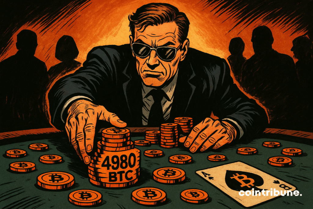 Homme en costume mise 4980 BTC au poker, expression déterminée, ambiance sombre et orange, jetons Bitcoin, carte As modifiée.