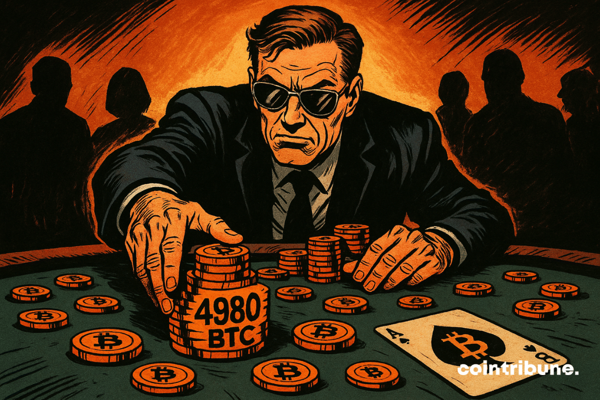Homme en costume mise 4980 BTC au poker, expression déterminée, ambiance sombre et orange, jetons Bitcoin, carte As modifiée.