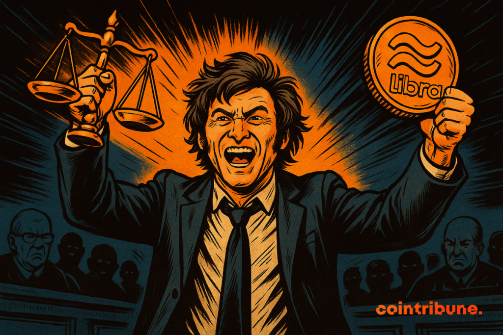 Javier Milei holding the scales of justice in one hand and a Libra coin in the other.