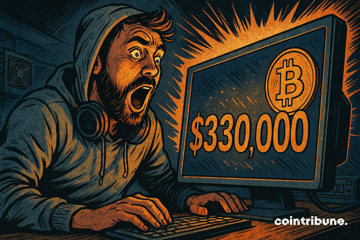 Stunned individual in front of a bitcoin logo screen with a 0,000 figure