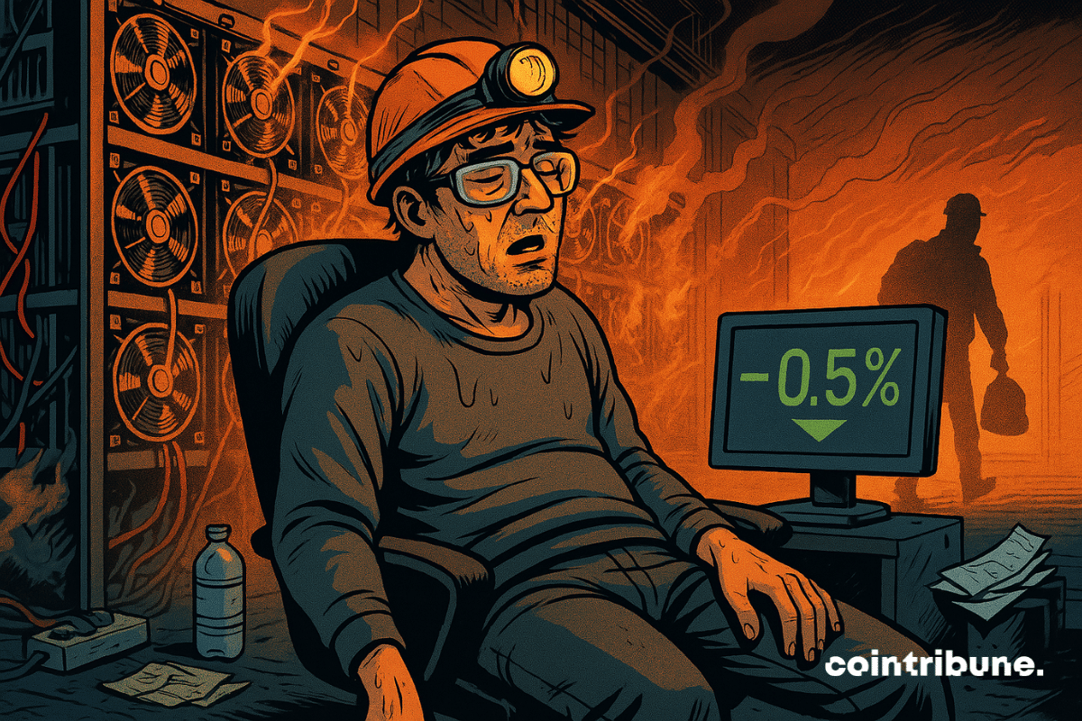Mineur de bitcoin fatigué, derrière lui se trouvent des appareils en surchauffe